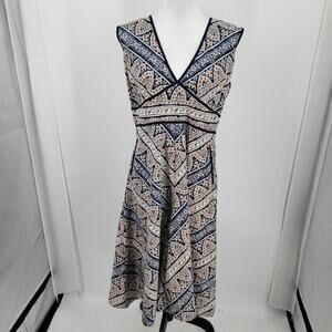 Eddie Bauer Dress Womens 18 Blue Geo Print V Neck Fit & Flare Cotton Midi